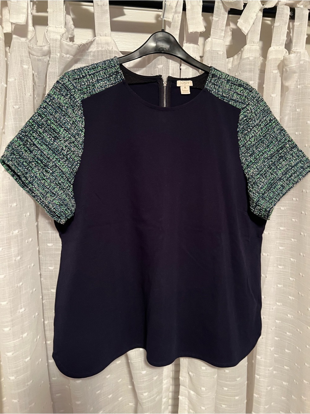 J. Crew Factory Navy Top with Green-Blue Tweed Short Sleeves